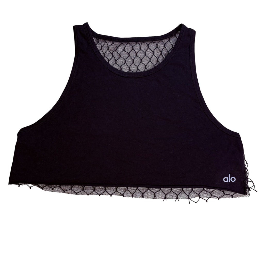 Alo Yoga Black Mesh Panel Crop Tank Top Raw Hem Size S Athleisure Streetwear
